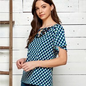 NY Collection Blue and Green Checkered Blouse
